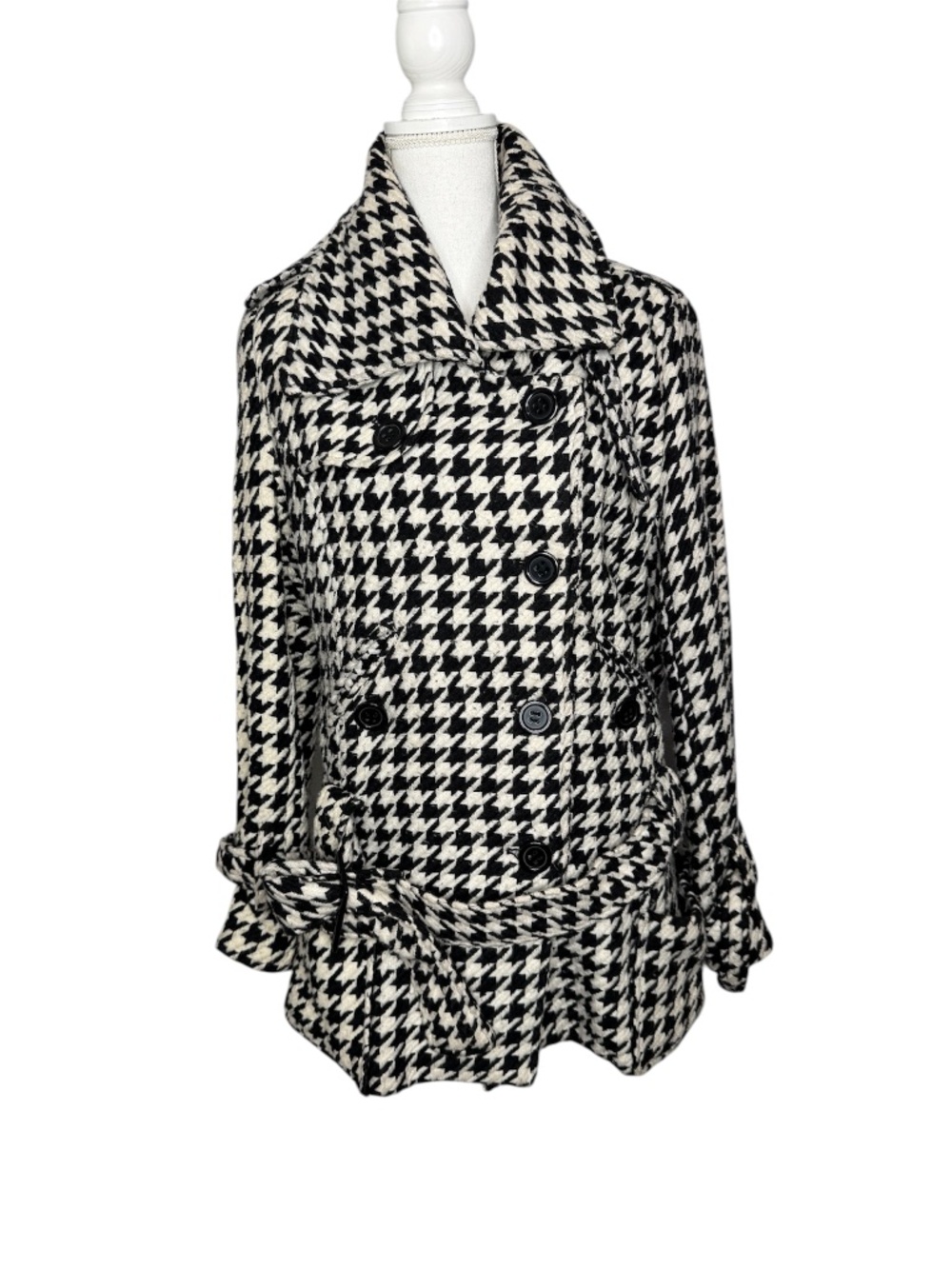 Houndstooth Trench Jacket double breasted black white Size Large By Coffee shop